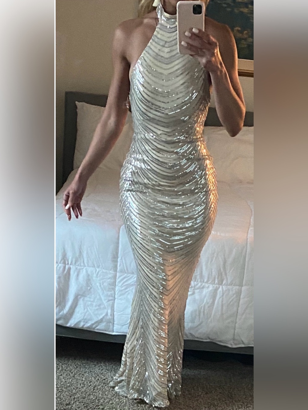 Silver Sequin Halter Evening Gown - Elegant Women’s Dress